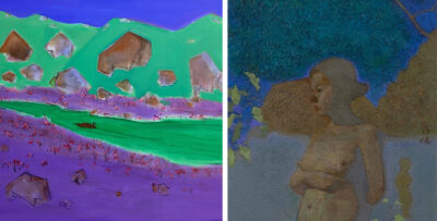 左 Left / 鄭在東CHENG TSAI-TUNG (b.1953),《桃花源記》Peach Blossom Spring, 2021, Acrylic on Canvas, 180 x 220 cm 右 Right / 陳恆CHEN HENG (b.1962),《天地人合之三》The Unity of Man and Nature No. 3, 2021-2022, Oil on Canvas, 160 x 85 cm 圖檔由藝術家及漢雅軒提供Image Courtesy of the Artist and Hanart TZ Gallery