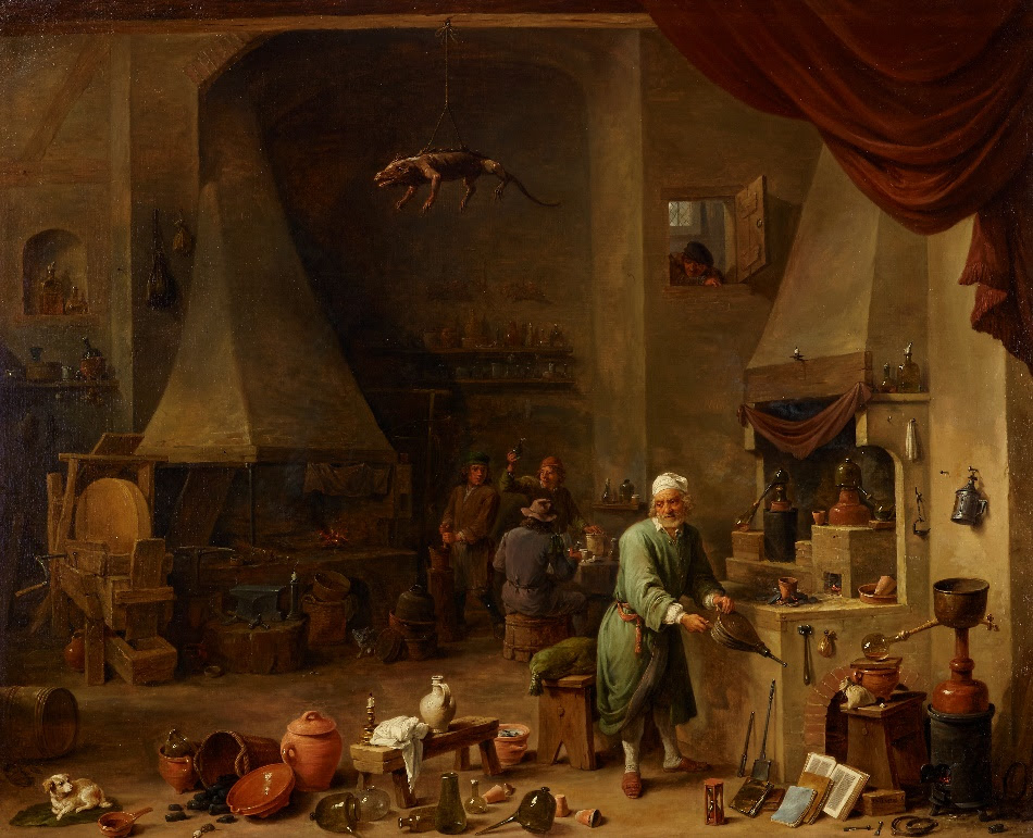 Interior of a laboratory with an Alchemist at work with a stuffed alligator hanging from a ceiling beam by David Teniers the Younger. Sold for £529,500