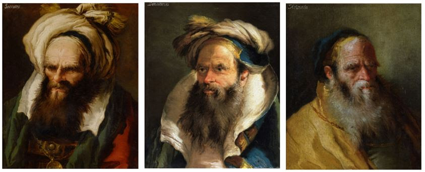 (Left to right) Giandomenico Tiepolo, Head of a man in a green and red robe with a gold clasp and necklace, est. $100,000 – 150,000, Giandomenico Tiepolo, Head of a bearded man in a blue and yellow collared robe, est. $100,000 – 150,000, Giandomenico Tiepolo, Head of a bearded man in a yellow robe and a blue cap, wearing a gold chain, est. $80,000 - $120,000