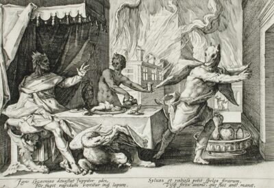 Zeus turning Lycaon into a wolf, engraving by Hendrik Goltzius.