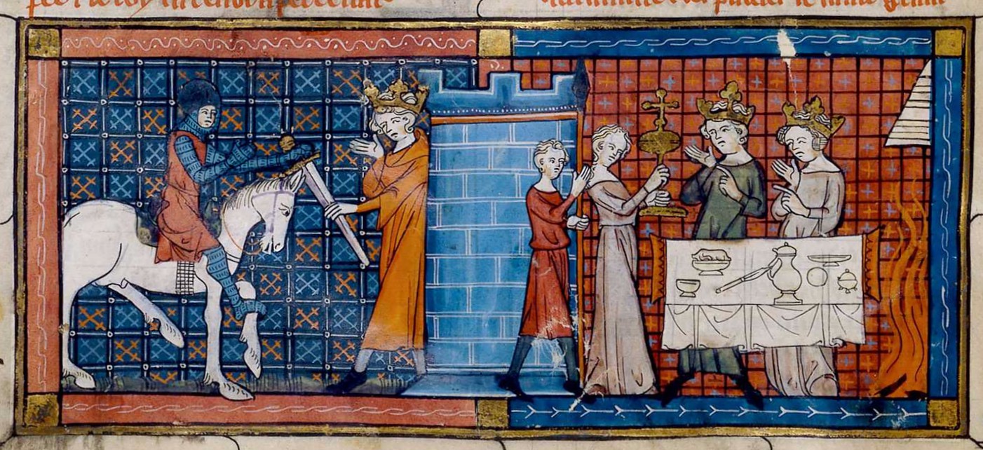Perceval arrives at the Grail Castle, to be greeted by the Fisher King