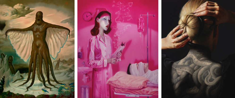 “The Sparrows of Sorrow” by Ryan Heshka, "The Wounded Healer” by Troy Brooks, and “Preparations" by Agnieszka Nienartowicz