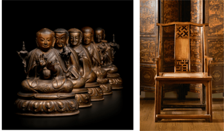 Ensemble de statuettes en bronze représentant les cinq patriarches de la tradition Sakya du bouddhisme tibétain, vendus 2.9 millions $, et un fauteuil un fauteuil à dossier Huanghuali ‘Wannian Taiping’, guanmaoyi, vendu 1.9 million $.
