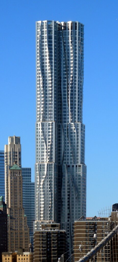 The tower at 8 Spruce Street in Lower Manhattan, completed in 2010, has a stainless steel and glass exterior and is 76 stories high (2010).