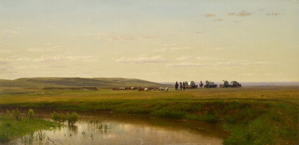 THOMAS WORTHINGTON WHITTREDGE (1820-1910)
A Wagon Train on the Plains, Platte River, Colorado
oil on canvas
30 x 30 in. (76.2 x 76.2 cm.)
Painted 1918
Estimate: $300,000-500,000