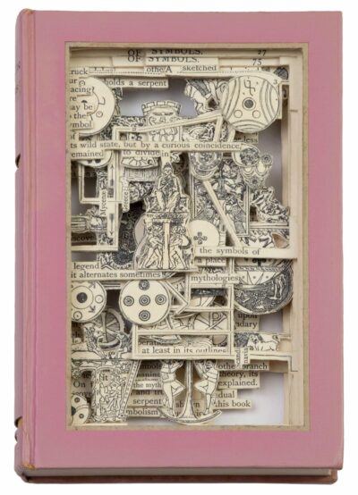 Brian Dettmer, The Migration of Symbols (Brooklyn, NY: unique sculpted book, acrylic varnish, 2014). Intervention of a 1956 edition of Count Goblet D’Alviella’s book of the same title (1894).